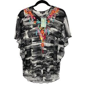 Dor Dor Couture Tunic Mesh Floral Embroidered Dolman Sleeve Cover Size Small New